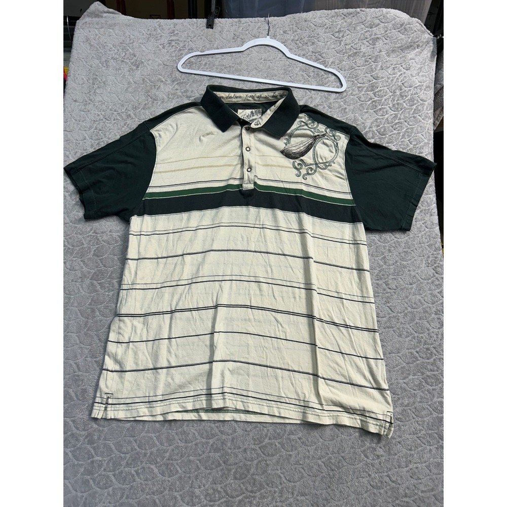 Old Navy Mens XL Polo Shirt Green Striped Graphic Embroidered Distressed Vintage